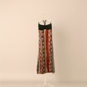 Boho Maxi Dress with Black Bodice and Multicolor Floral Stripes